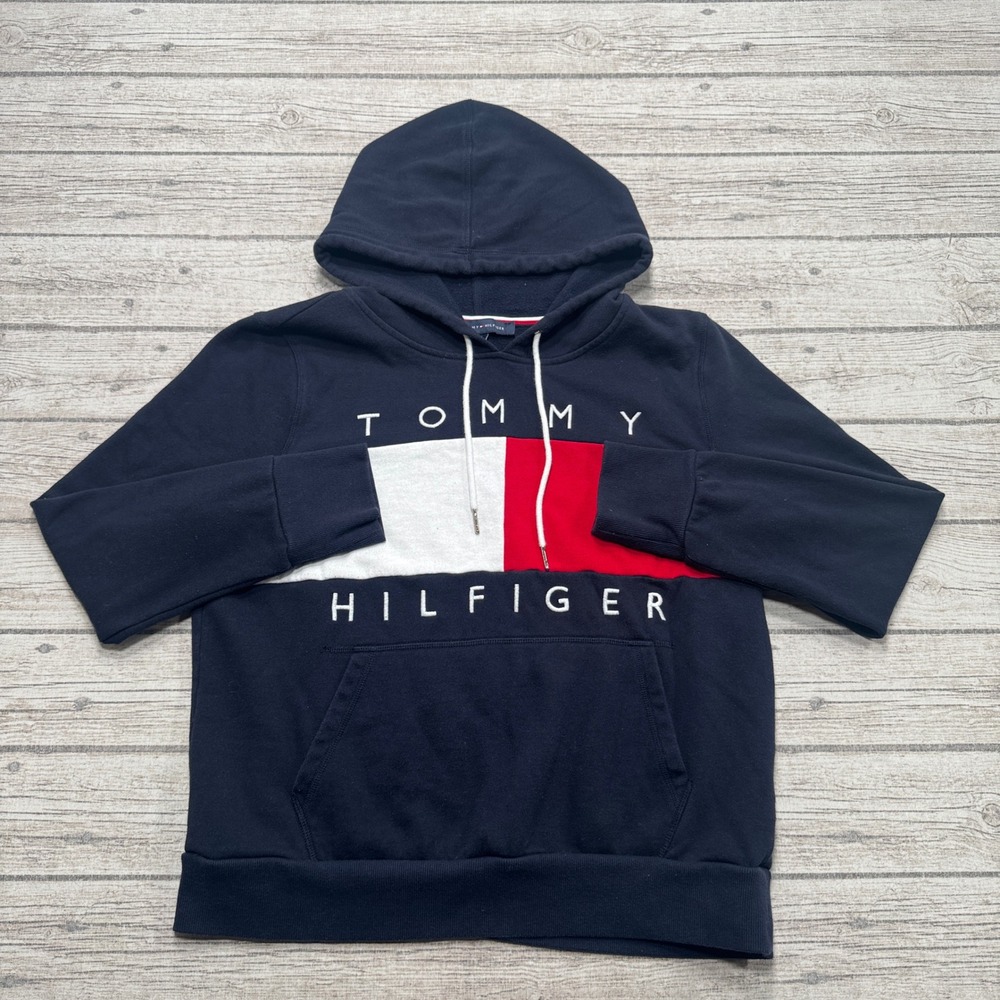 Tommy Hilfiger Hoodie Men's Large Navy Blue Flag Logo Fleece Pullover Sweatshirt